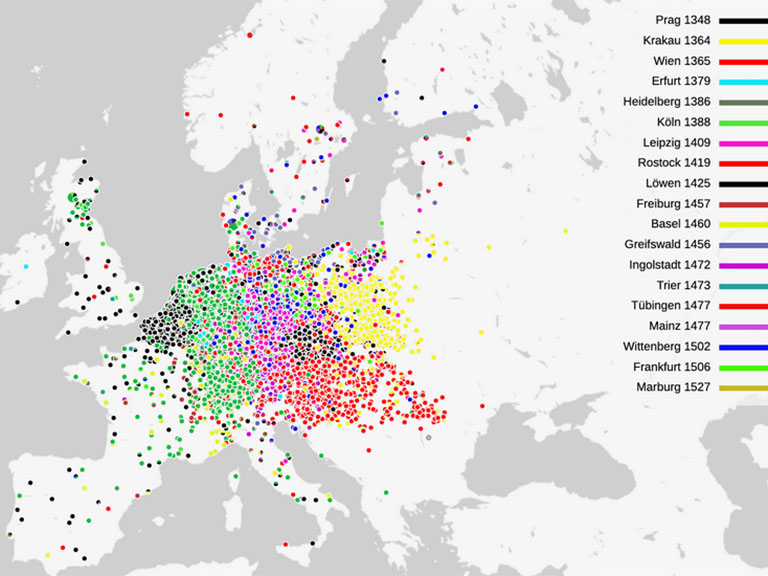 Herkunfts- und Kommunikationsräume der Gelehrten im RAG 1250-1550 nach Universitäten